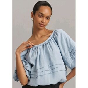 Anthropologie Maeve Top Size XS Puff Sleeve Bubble Tiered Blouse Shirt‎ Blue